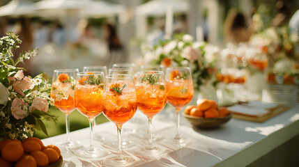 An elegant outdoor wedding reception featuring a cocktail bar with Aperol spritzes adorned with floral decorations.