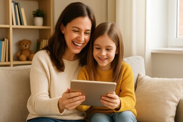 Cheerful Mother and young Daughter are sitting together on sofa. They both are smiling while looking at the tablet screen. Bookshelf is visible in background