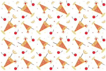 Seamless   pattern with cocktails on transparent background. Ornament with beverage. Cocktail concept. Tequila sunrise, oranges, cherry. Repeat pattern.  Flat cartoon design. Vector illustration