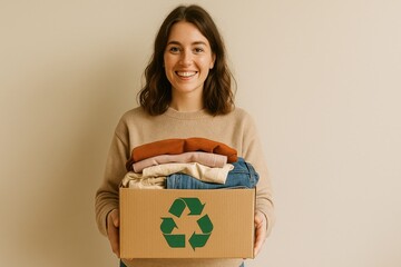 Young woman smiles while holding cardboard box with recycling symbol. Box contains clothing ready for donation or recycling. She stands indoors in front of cream colored background