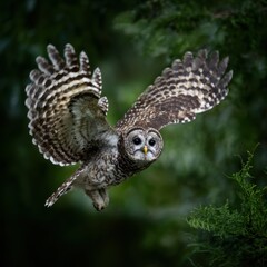 Barred owl in flight, wings spread, looking directly at the viewer against a blurred green forest background.