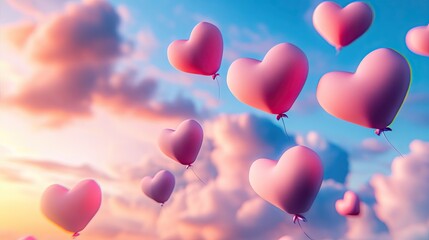 Heart-shaped balloons float in a pastel sky.