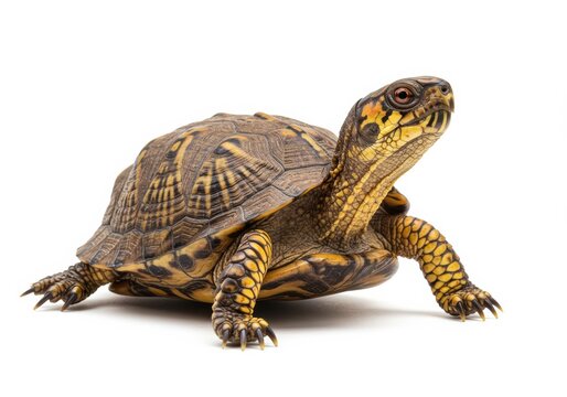 This studio shot features a detailed view of a box turtle, highlighting its unique shell pattern and features.
