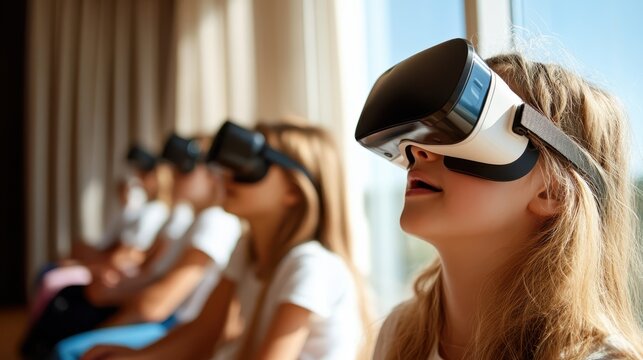 A group of children wearing VR headsets are immersed in a shared virtual reality experience, demonstrating the growing excitement and engagement of technology in young lives.