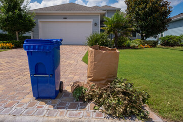Recycling Can and Yard Waste at Curb Waiting to be Picked Up