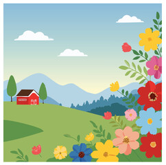Fototapeta premium Red barn spring landscape colorful flowers hillside