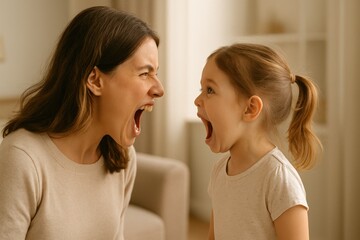 Young girl and Mother are standing face to face. Both people scream with mouths wide open indoors. Lighting is soft and even. People wear casual clothing