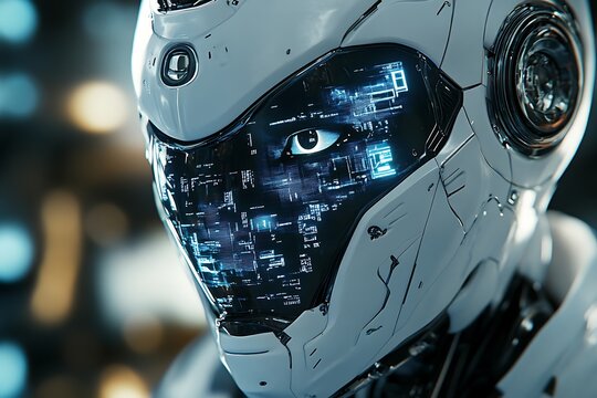 3D icon of a humanoid robot face with digital interface projections, futuristic setting