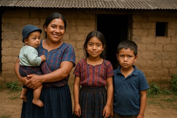 A woman in Guatemala holds her baby while standing beside two young children. They are standing in front of their simple home made of cinder blocks and corrugated metal