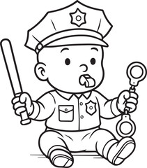 Little Officer's First Duty: A charming illustration captures a baby, donned in a police uniform, equipped with a baton, a pair of handcuffs, and a pacifier. 