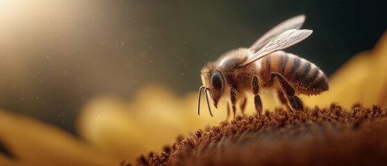 Bee pollinating sunflower nature close-up natural light