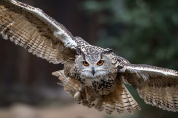 A majestic owl in flight, wings spread wide, captured mid-air with focused gaze.