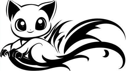 Cute black and white stylized cat with tribal-like tail