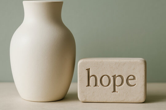 Minimalist cream ceramic vase and engraved hope stone on a soft green background for tranquil interior decor inspiration