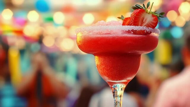 Enjoying refreshing margaritas filled with strawberries, surrounded by festive decorations, vibrant lights, and a lively atmosphere on Cinco De Mayo.