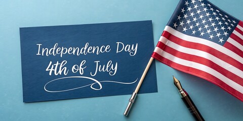 Independence day 4th of july greeting card with american flag and fountain pen