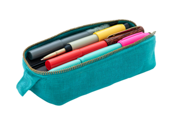 Teal zippered pencil case with colorful pens and markers.