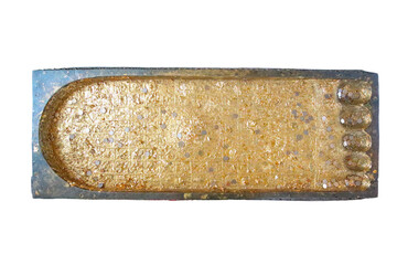 Golden footprint of Buddha, a symbol of Buddhism, on a white background.