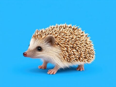 Adorable hedgehog on bright blue backdrop