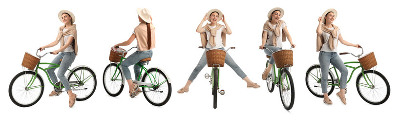 Beautiful woman with bicycle on white background, collage of photos