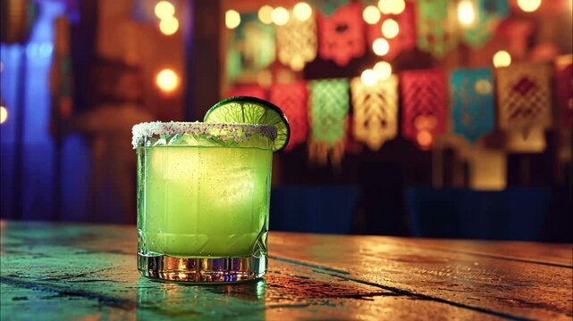 Festive drinks like margaritas and palomas are served among colorful flowers and lush greenery during the Cinco De Mayo celebration in Mexico, creating a joyous and lively ambiance.