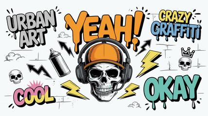 Multicolor Urban Graffiti Icon Set &ndash; Vibrant Street Art, Hip-Hop Culture, and Hand-Drawn Urban Symbols