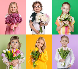 Cute children with bouquets of flowers on different color backgrounds. Collage of photos