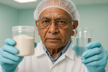 Senior scientist in laboratory holding powdered supplement and liquid for research and analysis in nutritional science experiment