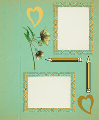 Scrapbook composition with flowers elements, brush, pencil, tube and photo frame. Page for stories. Layout photo album with empty photo frames. Page from an old photo album. Geum rivale.