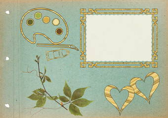 Scrapbook composition with flowers elements, brush, palette, pencil, tube and photo frame. Page for stories. Layout photo album with empty photo frames. Page from an old photo album. Grape.