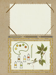 Scrapbook composition with flowers elements, brush, palette, pencil, tube and photo frame. Page for stories. Layout photo album with empty photo frames. Page from an old photo album. Grape.