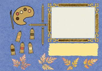Scrapbook composition with flowers elements, brush, palette, pencil, tube and photo frame. Page for stories. Layout photo album with empty photo frames. Page from an old photo album. Geranium.