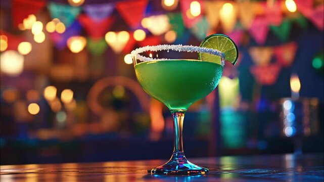 Festive drinks like margaritas and palomas are served among colorful flowers and lush greenery during the Cinco De Mayo celebration in Mexico, creating a joyous and lively ambiance.