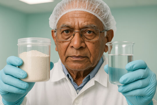 Senior scientist in laboratory holding powdered supplement and liquid for research and analysis in nutritional science experiment - Powered by Adobe