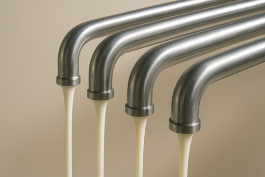 Stainless steel pipes dispensing creamy liquid in parallel streams, showcasing smooth food production and modern processing technology