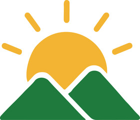 Sunrise Mountain Logo – Outdoor and Adventure Emblem. A stylized flat-design mountain range with a glowing sun rising from behind—great for travel, adventure, outdoors, eco-tourism, 