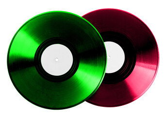 Two color vinyl records on white background