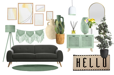 Different furniture and decorative elements on white background, collage. Living room interior with...