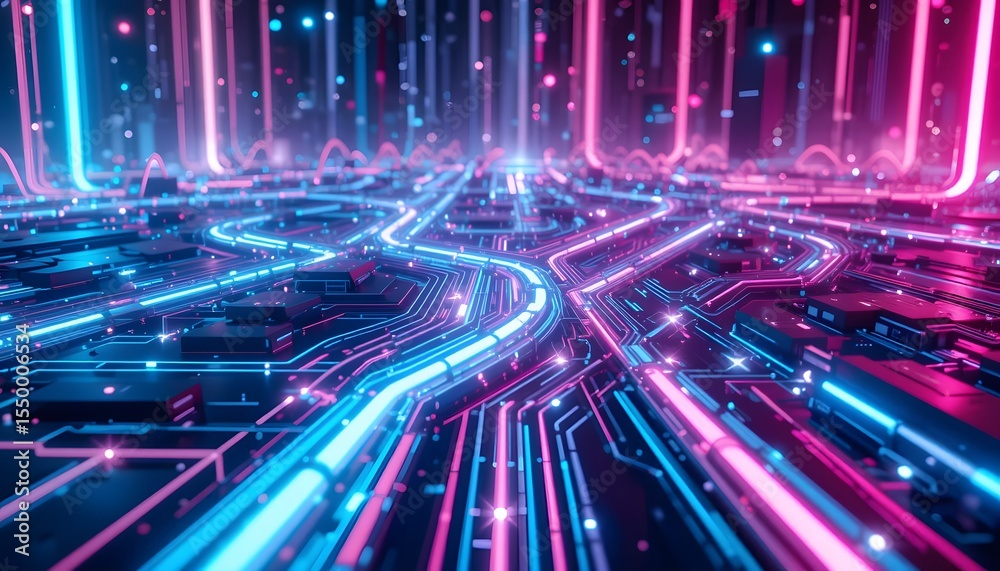 Aufkleber futuristic technology background, abstract circuit board design, neon lights illuminate intricate pa