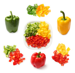 Fresh bell peppers isolated on white, collage. Whole and sliced