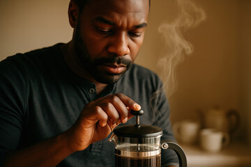 man preparing fresh coffee with a french press in a cozy kitchen, enjoying the warm aroma of a morning beverage routine