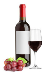 Luxurious red wine in bottle with blank label, glass and grapes isolated on white
