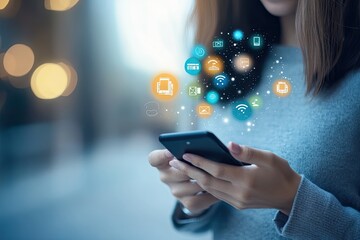 Woman using a smartphone with digital icons