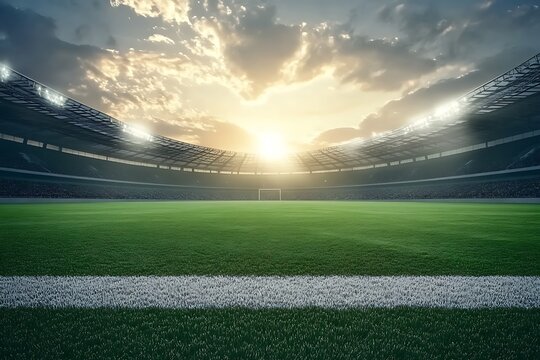 Soccer field at sunset with stadium and sky,3d render
