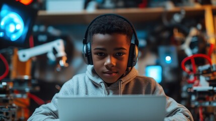 A young boy immersed in coding on his laptop in a tech workshop surrounded by various gadgets, showcasing the blend of innovation and youthful curiosity in technology.