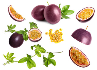Passion fruits and green leaves isolated on white, set