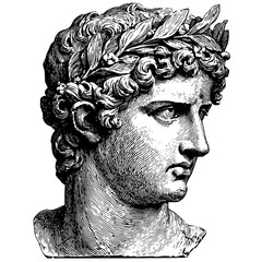 a black and white drawing of the head of an antique statue or sculpture ancient, antique, black, bust, drawing, head, illustration, man, portrait, sculpture, statue