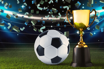Football championship. Shiny golden trophy cup and soccer ball under falling confetti on stadium