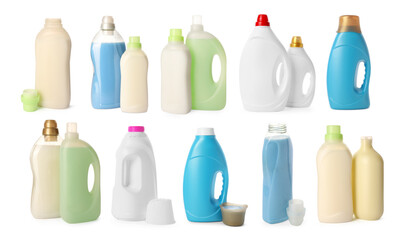 Fabric softeners in bottles isolated on white, set