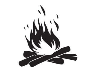 Fototapeta premium Black silhouette of campfire with burning logs isolated on white background, graphic illustration. concept of outdoor adventure, campfire icon, wilderness, bonfire design element